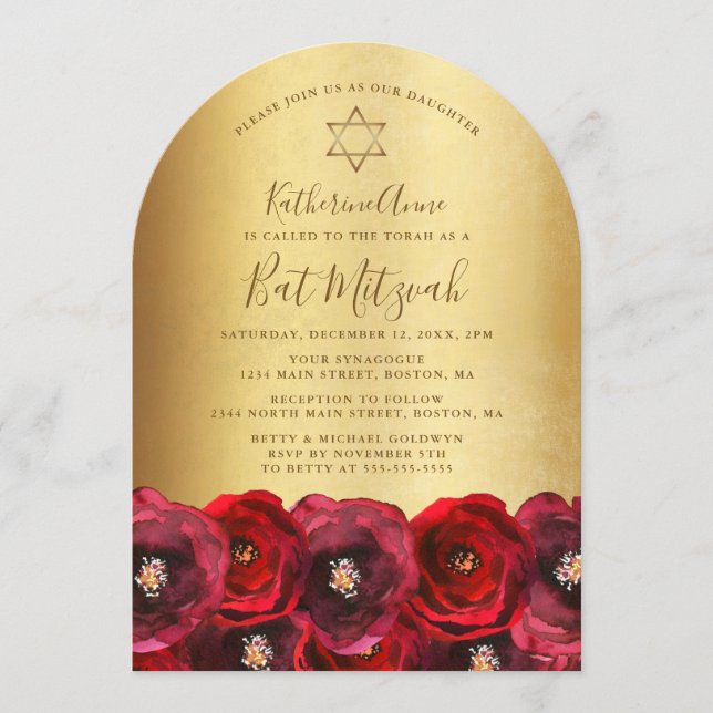 Invitación Elegant Red Rose Floral Gold Bat Mitzvah (Anverso)