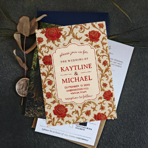 Invitación Elegant Red Rose Floral Vintage Gold Scrollwork