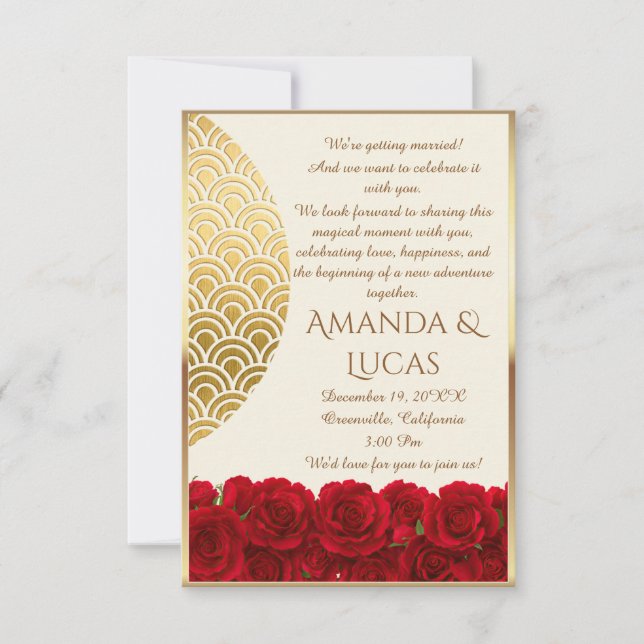 Invitación Elegant Red Roses and Gold Frame Cream Wedding (Anverso)