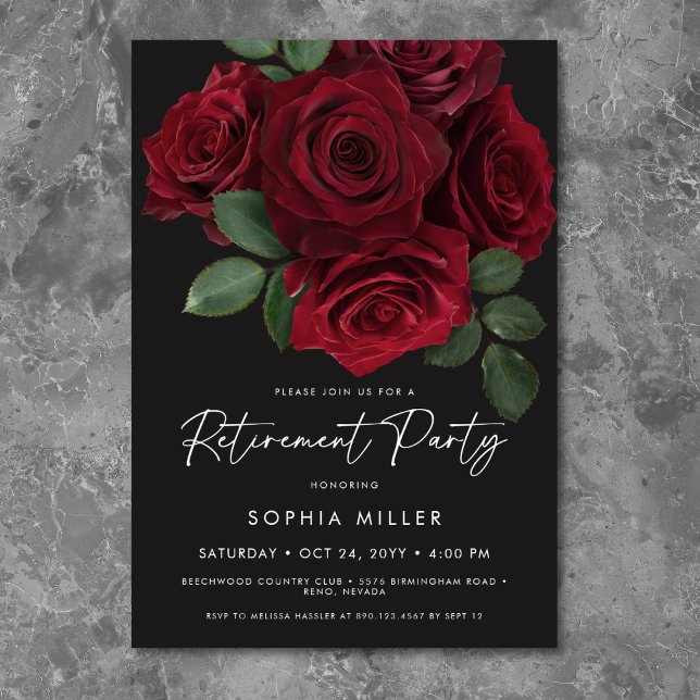 Invitación Elegant Red Roses Floral Retirement Party (Elegant Red Roses Floral Retirement Party Invitation)