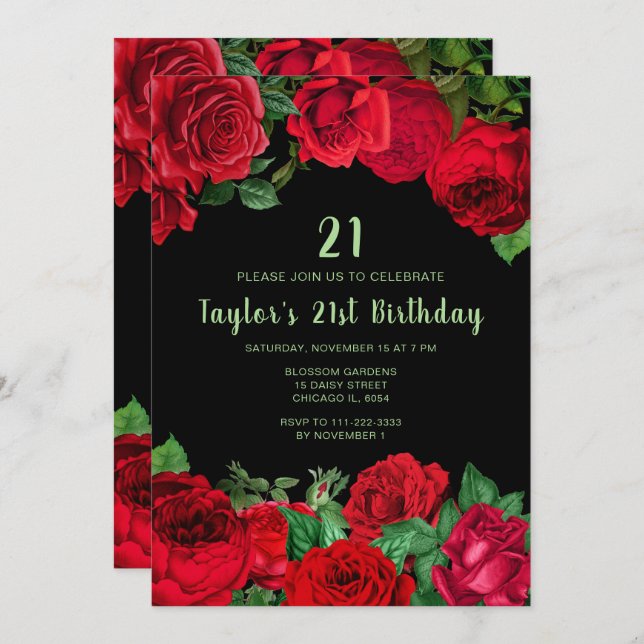 Invitación Elegant Red Roses Flowers Birthday Party (Anverso / Reverso)