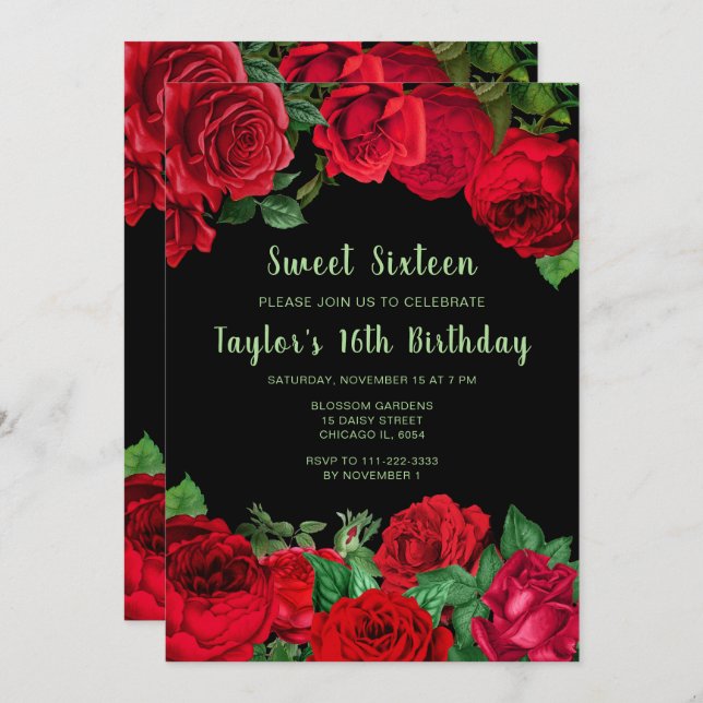 Invitación Elegant Red Roses Flowers Sweet Sixteen (Anverso / Reverso)