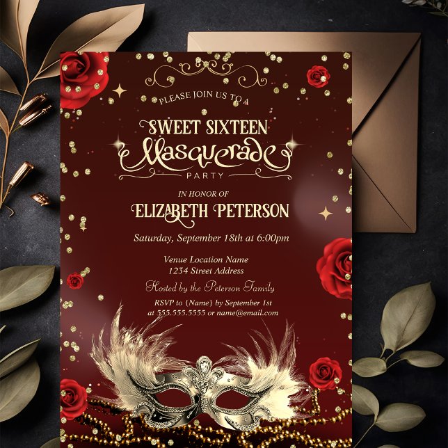 Invitación Elegant Red Roses Gold Masque Pearls Sweet 16   (Subido por el creador)