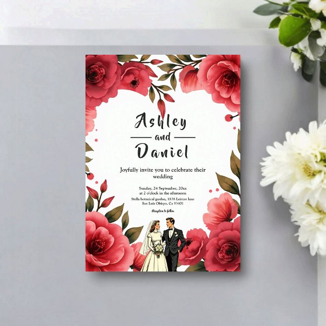 Invitación Elegant Red Roses Romantic Couple Floral Wedding (Subido por el creador)