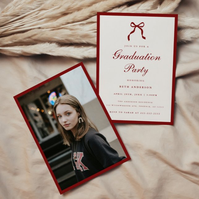 Invitación Elegant Red Script Coquette Graduation Party Photo (Subido por el creador)
