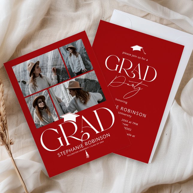 Invitación Elegant Red & White 4 Photo Graduation Party (Subido por el creador)