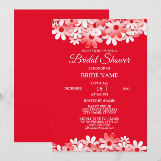 Invitación Elegant Red White Floral Bridal Shower Party (Anverso / Reverso)