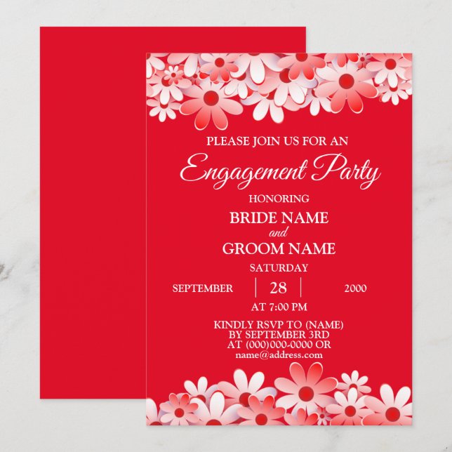 Invitación Elegant Red White Floral Engagement Party (Anverso / Reverso)