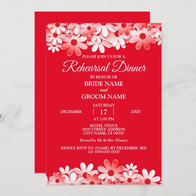 Invitación Elegant Red White Floral Wedding Rehearsal Dinner (Anverso / Reverso)