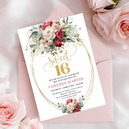 Invitación Elegant Red White Greenery Sweet Sixteen Birthday
