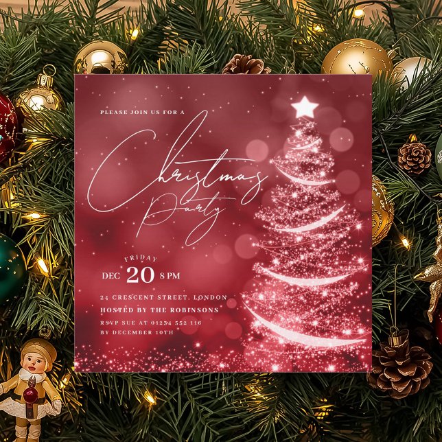 Invitación ELEGANT Red Winter Christmas Tree Party  (ELEGANT Red Winter Christmas Tree Party Invitation)