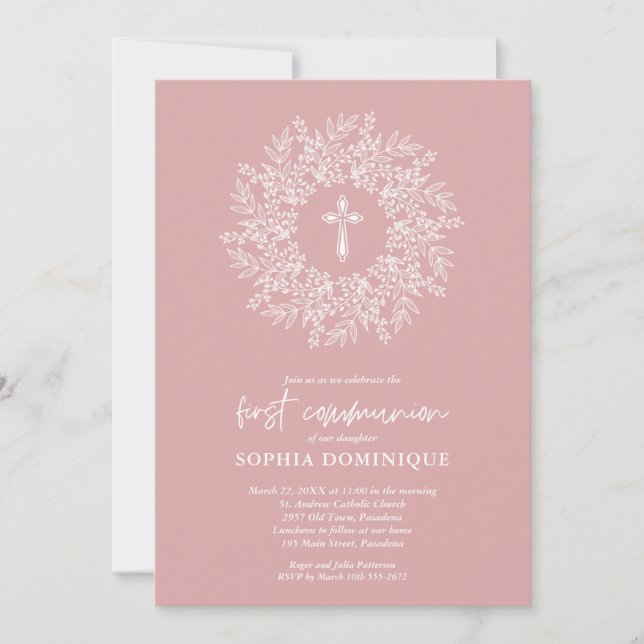 Invitación Elegant Religious Pink Cross Girl First Communion (Anverso)