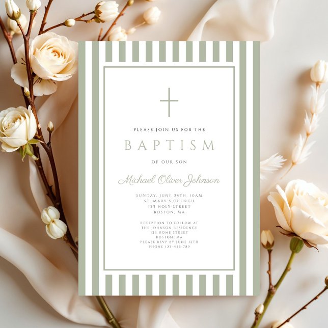 Invitación Elegant Religious Sage Green Boy Baptism (Elegant Religious Sage Green Boy Baptism Invitation)