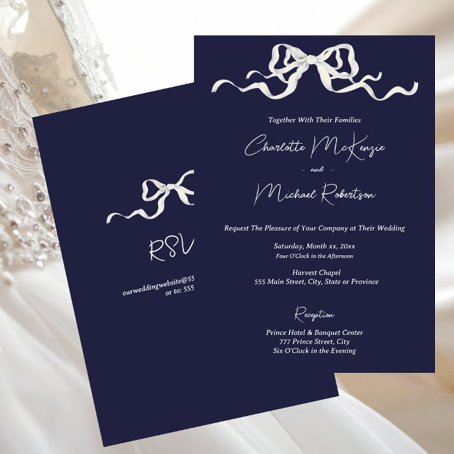 Invitación Elegant Ribbon & Bow Romantic Navy Wedding (Elegant Navy with White Bows Wedding Invitation)
