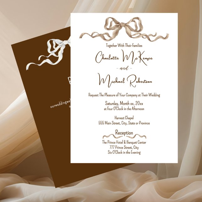 Invitación Elegant Romantic Ribbon Wedding (Elegant Warm Brown with Bows Wedding Invitation)