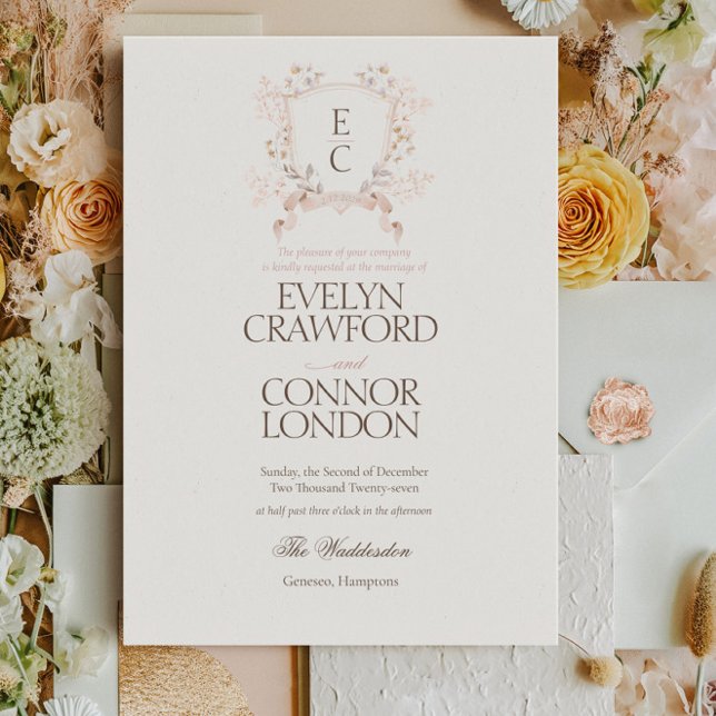 Invitación Elegant Rose Blush Floral Crest Wedding (Subido por el creador)