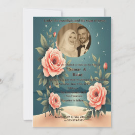 Invitación Elegant Rose Floral Starry Night Photo Muslim Wedd