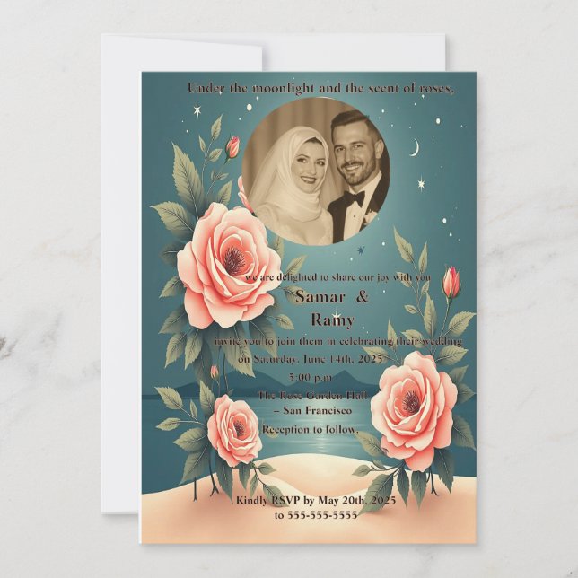 Invitación Elegant Rose Floral Starry Night Photo Muslim Wedd (Anverso)