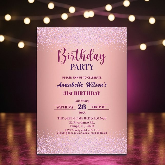 Invitación Elegant Rose Glitter Metallic Pink 31st Birthday  (Subido por el creador)