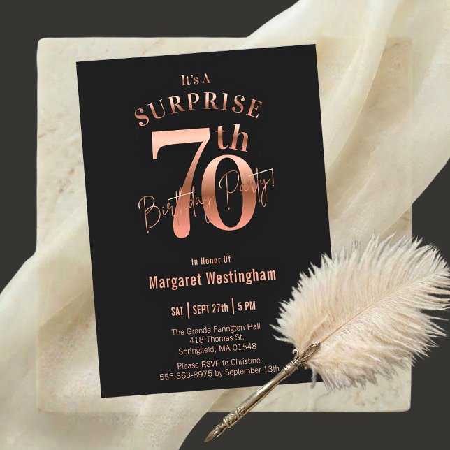 Invitación Elegant Rose Gold Black Surprise 70th Birthday (Subido por el creador)