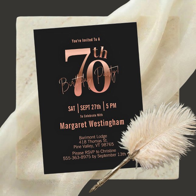 Invitación Elegant Rose Gold Black Typography 70th Birthday I (Subido por el creador)