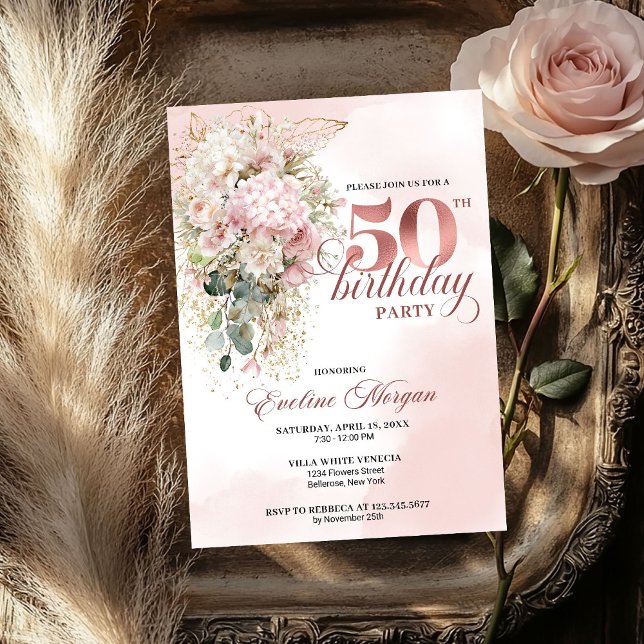 Invitación Elegant Rose Gold Blush Floral 50th Birthday Party (Elegant Rose Gold Blush Floral 50th Birthday Party Invitation

)