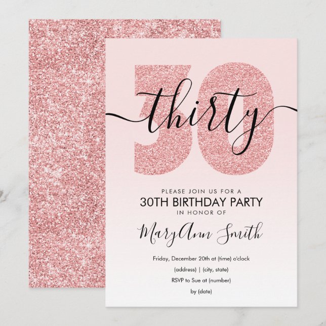 Invitación Elegant Rose Gold Blush Glitter 30th Birthday  (Anverso / Reverso)