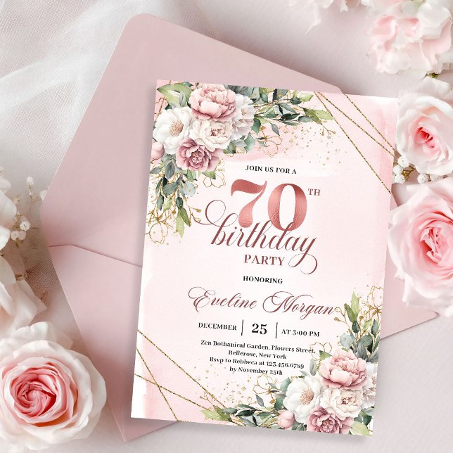 Invitación Elegant Rose Gold Bohemian Floral 70th Birthday   (Elegant Rose Gold Bohemian Floral 70th Birthday Invitation)