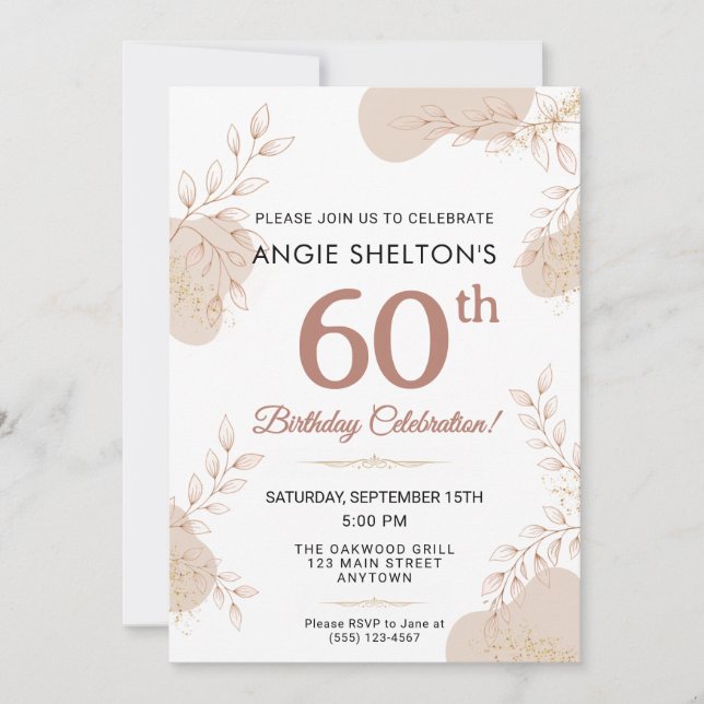 Invitación Elegant Rose Gold Botanical 60th Birthday (Anverso)