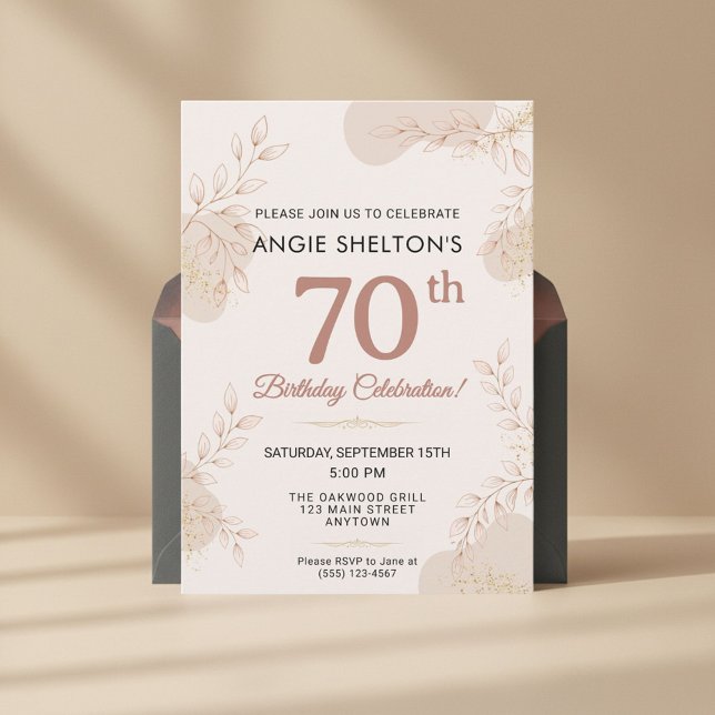 Invitación Elegant Rose Gold Botanical 70th Birthday (Subido por el creador)