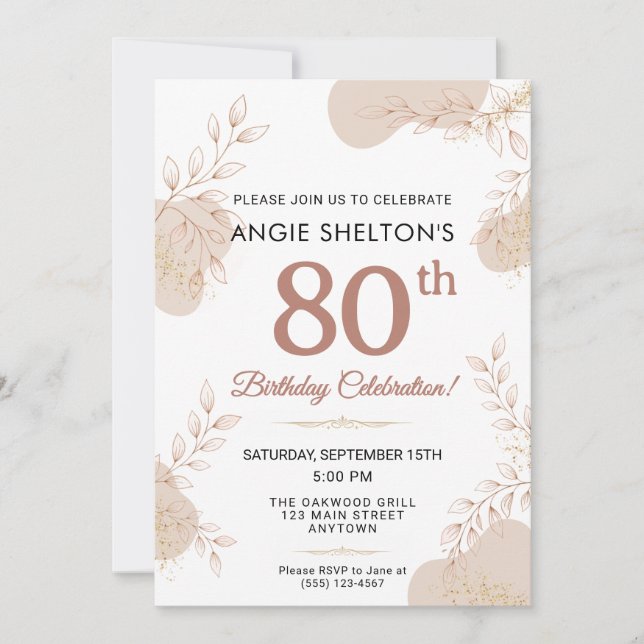 Invitación Elegant Rose Gold Botanical 80th Birthday (Anverso)
