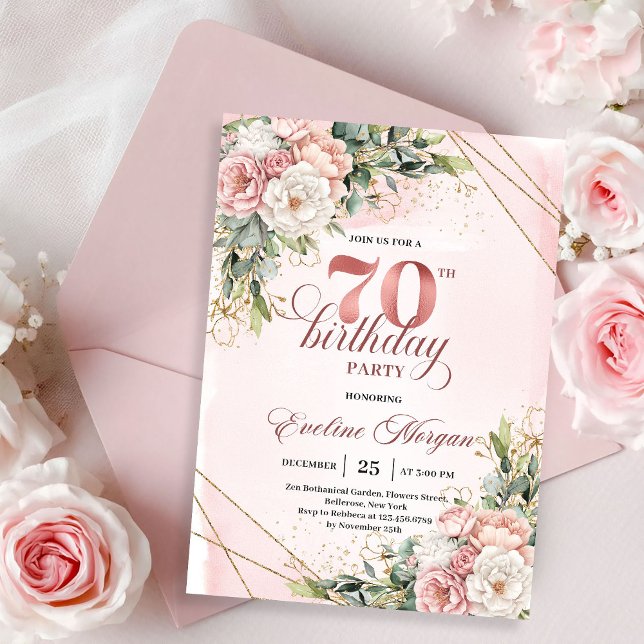 Invitación Elegant Rose Gold Dusty Pink Floral 70th Birthday  (Rose gold floral 70th birthday,
editable custom digital invitation,
budget delicate birthday invite )