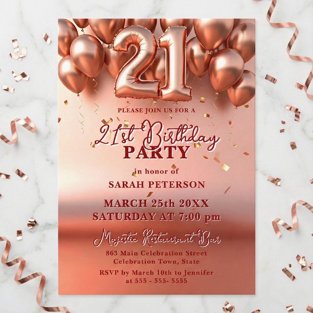 Invitación Elegant Rose Gold Faux Foil Balloons 21st Birthday (Subido por el creador)