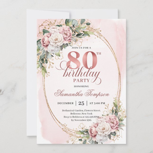 Invitación Elegant Rose Gold Floral Eucalyptus 80th Birthday  (Anverso)