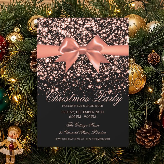 Invitación Elegant Rose Gold Glam Red Bow Christmas Party  (Elegant Rose Gold Glam Red Bow Christmas Party Invitation)