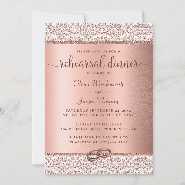 Invitación Elegant Rose Gold Glitter Wedding Rehearsal Dinner (Anverso)