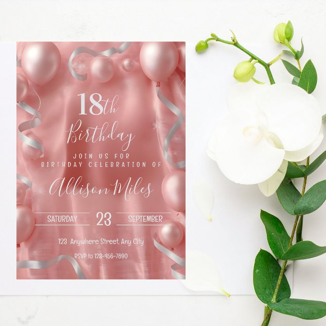 Invitación Elegant Rose Gold & Silver Balloon 18th Birthday (Subido por el creador)