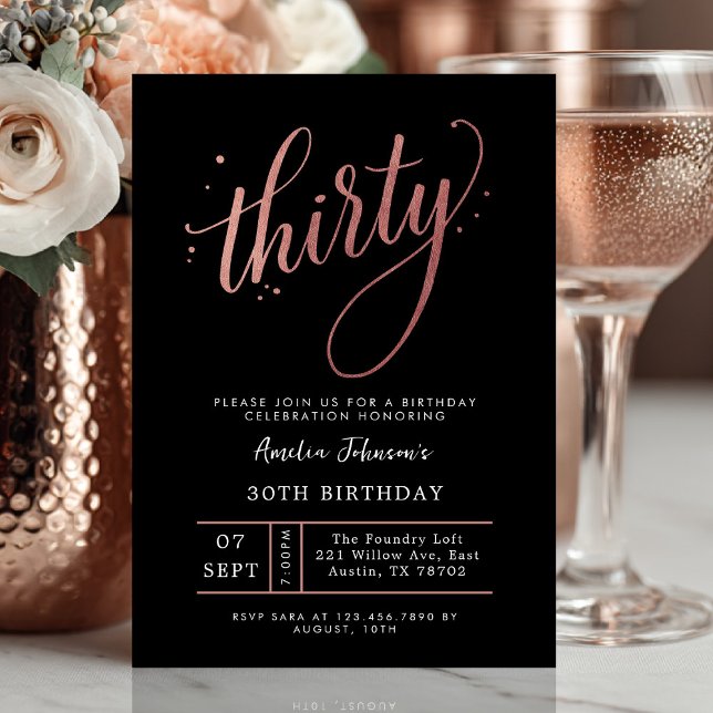 Invitación Elegant Rose Gold Thirtieth 30th Birthday (Thirty and thriving ✨ Celebrate in style with this elegant rose gold birthday invite.)