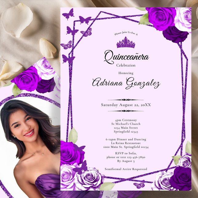 Invitación Elegant Roses and Crown Purple Quinceanera  (Subido por el creador)