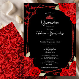 Invitación Elegant Roses and Crown Red Quinceanera 