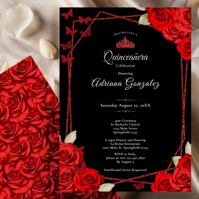 Invitación Elegant Roses and Crown Red Quinceanera  (Subido por el creador)