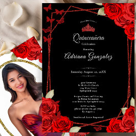 Invitación Elegant Roses and Crown Red Quinceanera 