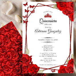 Invitación Elegant Roses and Crown Red Quinceanera 
