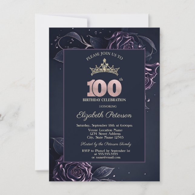 Invitación Elegant Roses Dark Gothic 100th Birthday (Anverso)