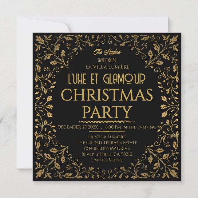 Invitación Elegant Royal Black & Gold Christmas Party  (Anverso)