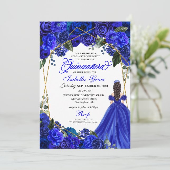 Invitación Elegant Royal Blue Floral Quinceanera Birthday  (Anverso de pie)