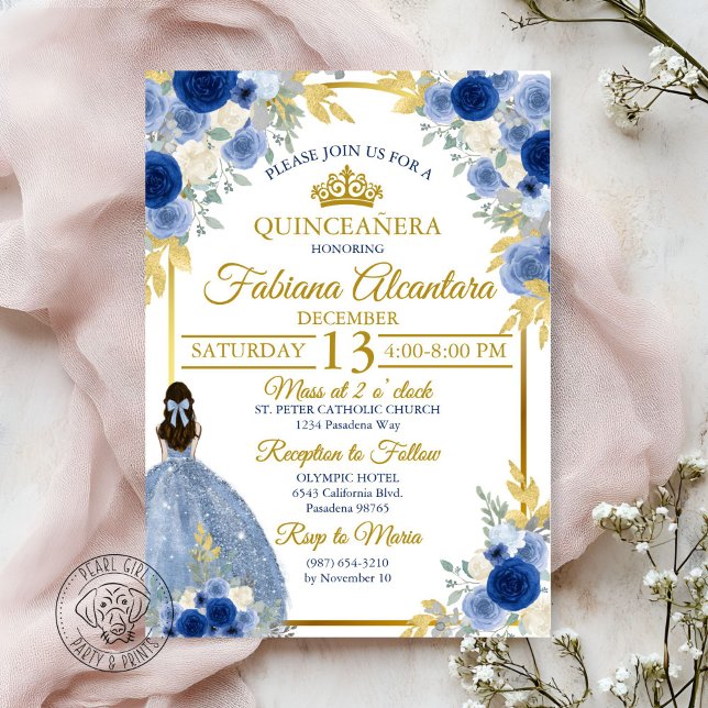 Invitación Elegant Royal Blue & Gold Rose Quinceañera  (Subido por el creador)