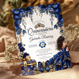 Invitación Elegant Royal Blue Golden Tiara Quinceañera