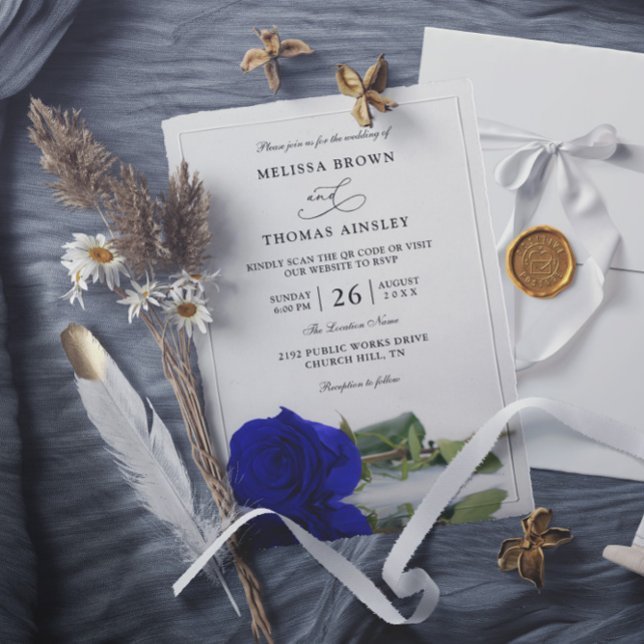 Invitación Elegant Royal Blue Rose Budget QR Code Wedding (Subido por el creador)