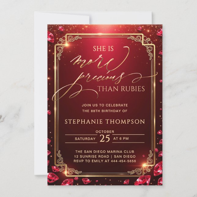 Invitación Elegant Ruby Red Gold Deco Frame 80th Birthday (Anverso)